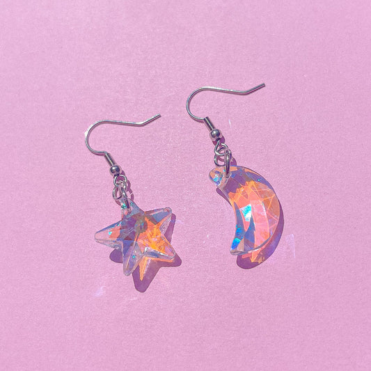 Iridescent Moon & Star Bead Earring